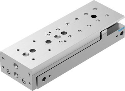 Silberfarbene lineare Antriebseinheit mit mehreren Schraubenlöchern und einem blauen Aufdruck an der Seite.