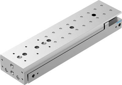 Ein linearer pneumatischer Schlitten aus Metall, der für präzise horizontale Bewegungen in technischen Anwendungen verwendet wird.