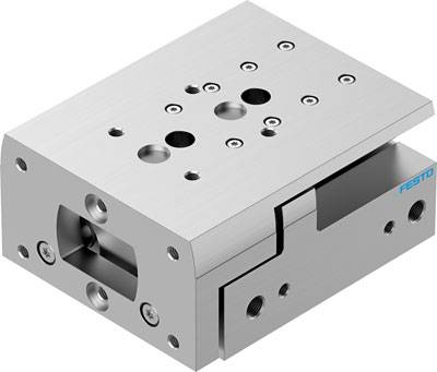 Silberner mechanischer Schieber, rechteckige Form mit mehreren Befestigungslöchern, markiert mit dem Logo 'FESTO' auf der Seite.