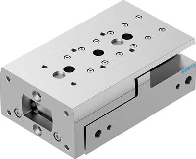 Pneumatische Führungseinheit aus Metall mit mehreren Befestigungslöchern. Verwendet für präzise lineare Bewegungen in Maschinen.