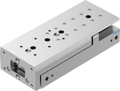 Linearantrieb aus Metall mit mehreren Befestigungslöchern und einem Schlitten oben zur präzisen Bewegung in Maschinenanwendungen.