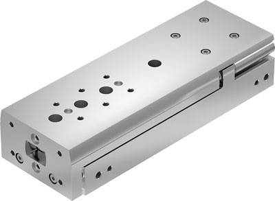 Ein silberner pneumatischer Zylinder mit mehreren Befestigungslöchern und glatter Oberfläche. Geeignet für mechanische Anwendungen.