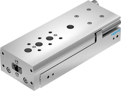 Silberner Pneumatikzylinder von Festo mit mehreren Bohrungen und einem seitlichen Anschluss.