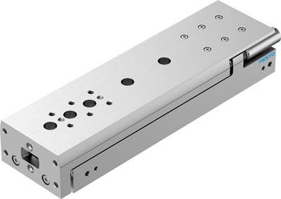 Linearantrieb aus Metall, langer Quader mit Bohrungen und sichtbaren Schrauben.