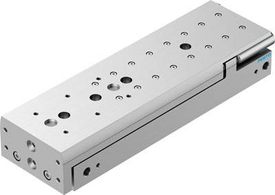 Ein rechteckiger, silberner pneumatischer Schlitten mit mehreren Bohrungen, die wahrscheinlich zur Befestigung dienen.