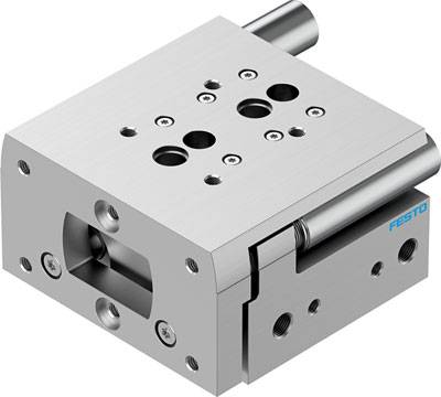 Pneumatisches Schwenkantriebsmodell mit silbernem Metallgehäuse und mehreren Befestigungslöchern, Marke 'Festo' sichtbar.