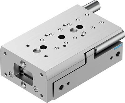 Silberner pneumatischer Schlitten mit mehreren Befestigungsbohrungen und einem Zylinder, geeignet für industrielle Maschinenanwendungen.