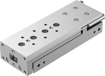 Pneumatische Schlittenführung aus Metall mit mehreren Schraubenöffnungen, geeignet für industrielle Anwendungen.