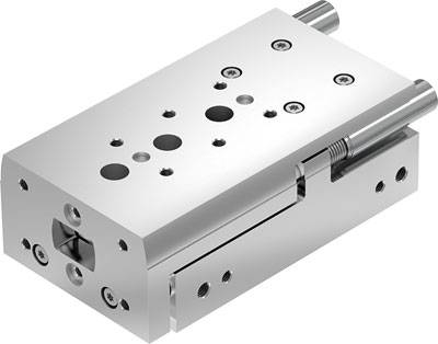 Lineare pneumatische Schlitteneinheit aus Metall mit mehreren Befestigungspunkten, die für Präzisionsbewegungsanwendungen verwendet wird.