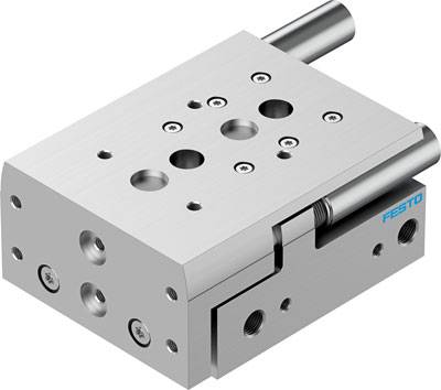 Ein pneumatischer Schlitten von Festo mit zwei Kolbenstangen, geeignet für präzise lineare Bewegungen in automatisierten Systemen.