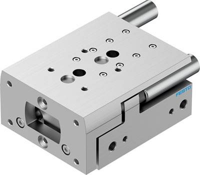 Rechteckiger pneumatischer Zylinder aus Metall mit mehreren Montagemöglichkeiten, markiert mit 'FESTO'.