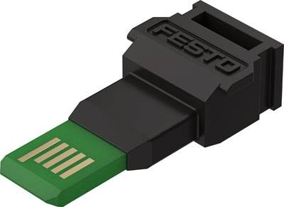 Ein USB-Stick mit der Aufschrift 'FESTO' auf einer Seite, grüner Bereich mit goldfarbenen Kontakten, dient zur Speicherung digitaler Daten.