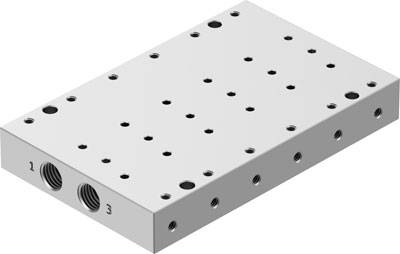 Rechteckige Metallplatte mit mehreren Schraublöchern und zwei Gewindeanschlüssen an der Seite, markiert mit den Zahlen '1' und '3'.