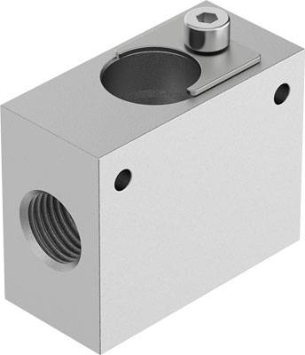 Grauer rechteckiger Metallblock mit einer kreisförmigen Aussparung oben, einer Öffnung an der Seite und einer Schraubbefestigung.