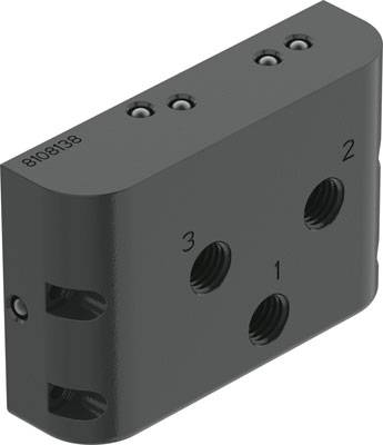 Metallblock mit drei nummerierten Gewindebohrungen (1, 2, 3) und Seriennummer '8108138' auf der Oberfläche.