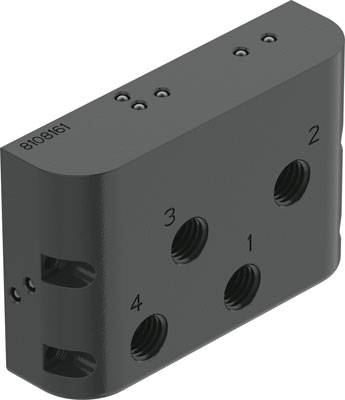 Metallblock mit vier nummerierten, kreisförmigen Öffnungen (1 bis 4) und kleinen Schraubenlöchern oben. Wahrscheinlich Teil einer Vorrichtung.