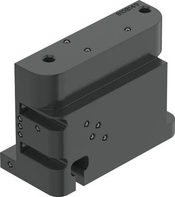 Ein schwarzes mechanisches Bauteil mit mehreren Bohrungen und Schraubenlöchern. Es hat eine rechteckige Form und abgerundete Kanten.