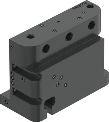 Ein mechanisches Bauteil aus schwarzem Material mit mehreren Bohrungen und Verbindungspunkten, vermutlich für industrielle Anwendungen.