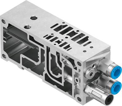Ein silbernes, rechteckiges mechanisches Bauteil mit mehreren Einlassöffnungen und blauen Markierungen auf der rechten Seite.