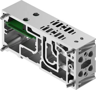 Abbildung eines mechanischen Bauteils mit mehreren Schrauben und Öffnungen; zeigt innere Kanäle und Strukturen.
