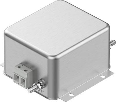 Metallisches elektrisches Bauteil mit rechteckigem Gehäuse und Anschlüssen an den Seiten, montiert auf einer Grundplatte.