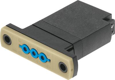 Ein rechteckiger, schwarzer Steckverbinder mit beiger Vorderseite, auf der drei blaue Kreise zentriert angeordnet sind.