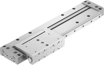Linearantrieb aus Metall mit mehreren Befestigungspunkten und Elementen. Verwendet für präzise mechanische Bewegung in Maschinenbau.