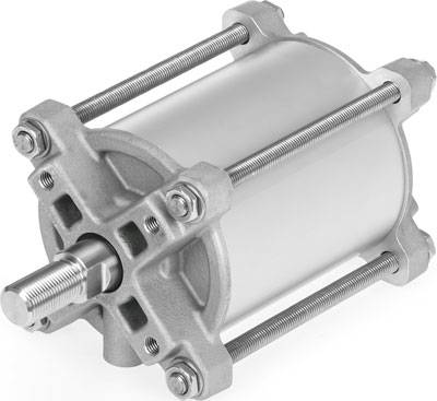 Ein zylindrischer Metallkolben mit Schrauben und Bolzen. Er dient zur mechanischen Bewegung oder zum Drücken in Maschinen.