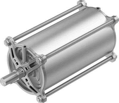 Zylinderförmiger Pneumatikzylinder aus Metall mit Schraubverbindungen und Kolbenstange, verwendet in automatisierten Systemen.