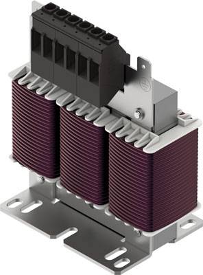 Dreiphasen-Drosselspule mit drei Spuleneinheiten in Stahlhalterung zur Reduzierung elektrischer Störungen in industriellen Anwendungen.