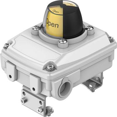 Ein elektrischer Schalter mit gelber 'Open'-Anzeige, montiert auf einer robusten grauen Basis. Transportsicherungsschrauben sind sichtbar.