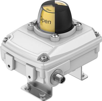 Industrieschalter in grau-weiß mit einem schwarzen/goldenen Kopf, auf dem 'Open' steht. Geeignet für raue Umgebungen.
