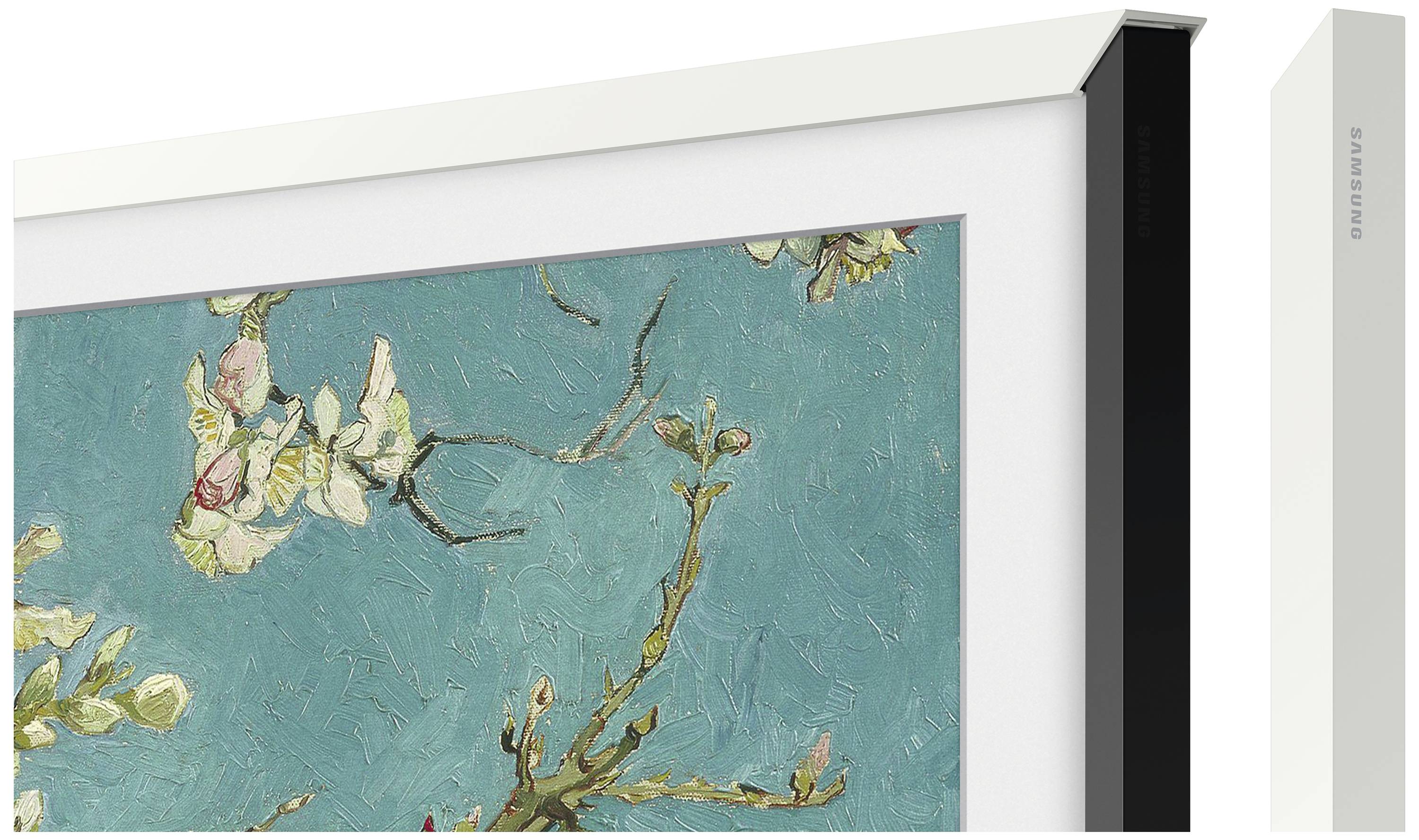 Gemälde eines Zweigs mit Blüten vor blauem Hintergrund, gerahmt und leicht angewinkelt gezeigt. Im Hintergrund zwei Rahmenoptionen.