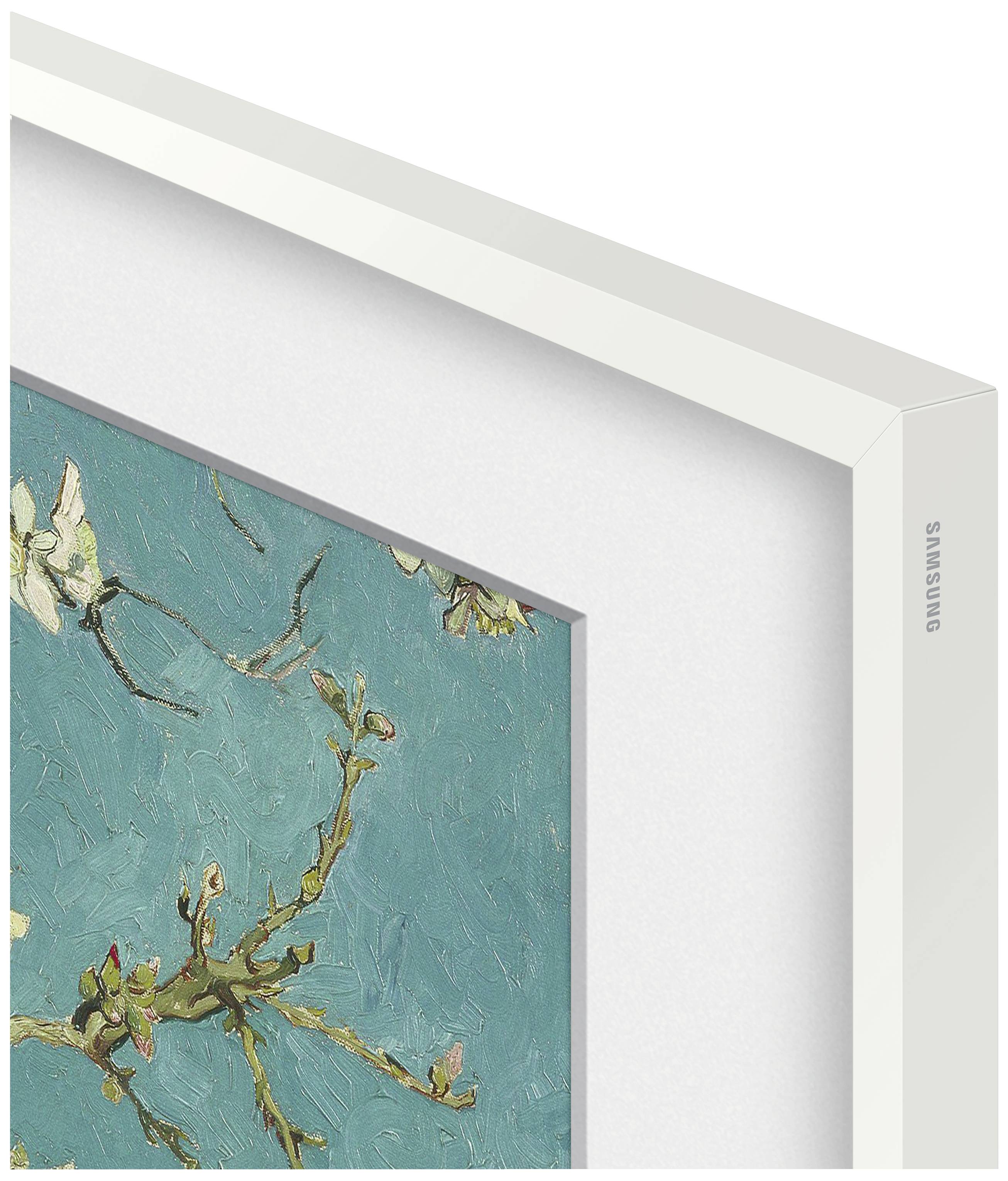 Ein Rahmen an einer Wand zeigt ein Gemälde mit Zweigen und weißen Blüten auf einem blauen Hintergrund.