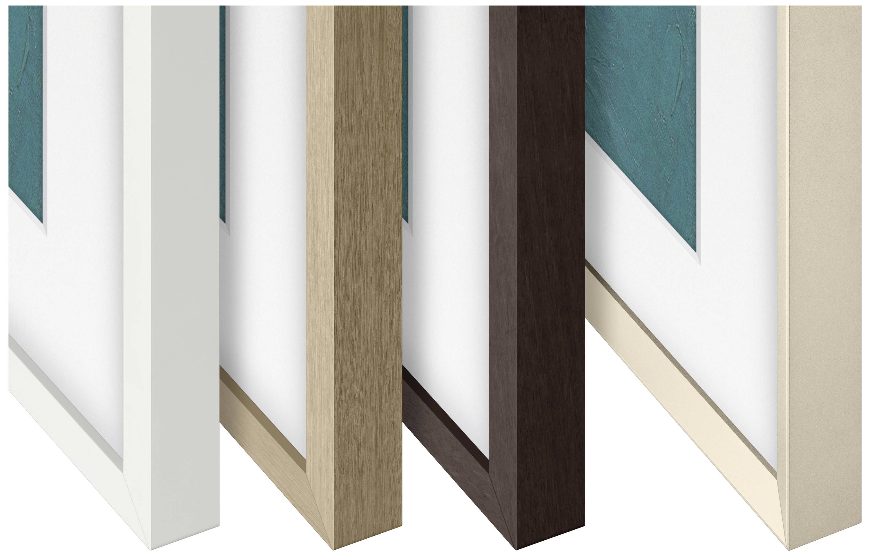 Rahmen in vier verschiedenen Farben und Texturen nebeneinander: Weiß, Holzoptik, Dunkelbraun, Beige; zeigen Materialvielfalt.