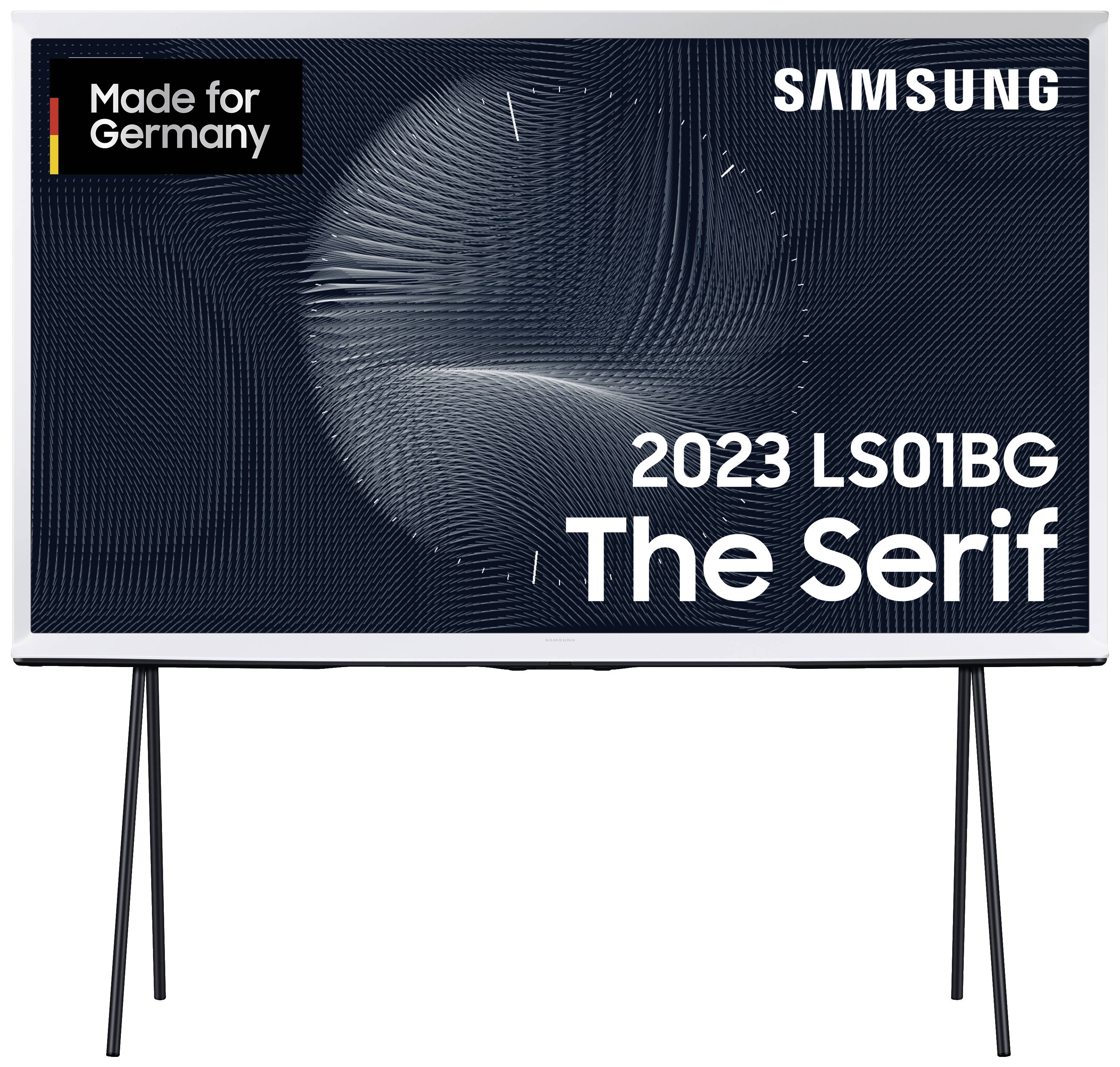 Samsung TV Modell 2023 LS01BG The Serif, Made for Germany. Modernes Design auf Standfüßen, geeignet für stilvolle Wohnzimmerumgebungen.
