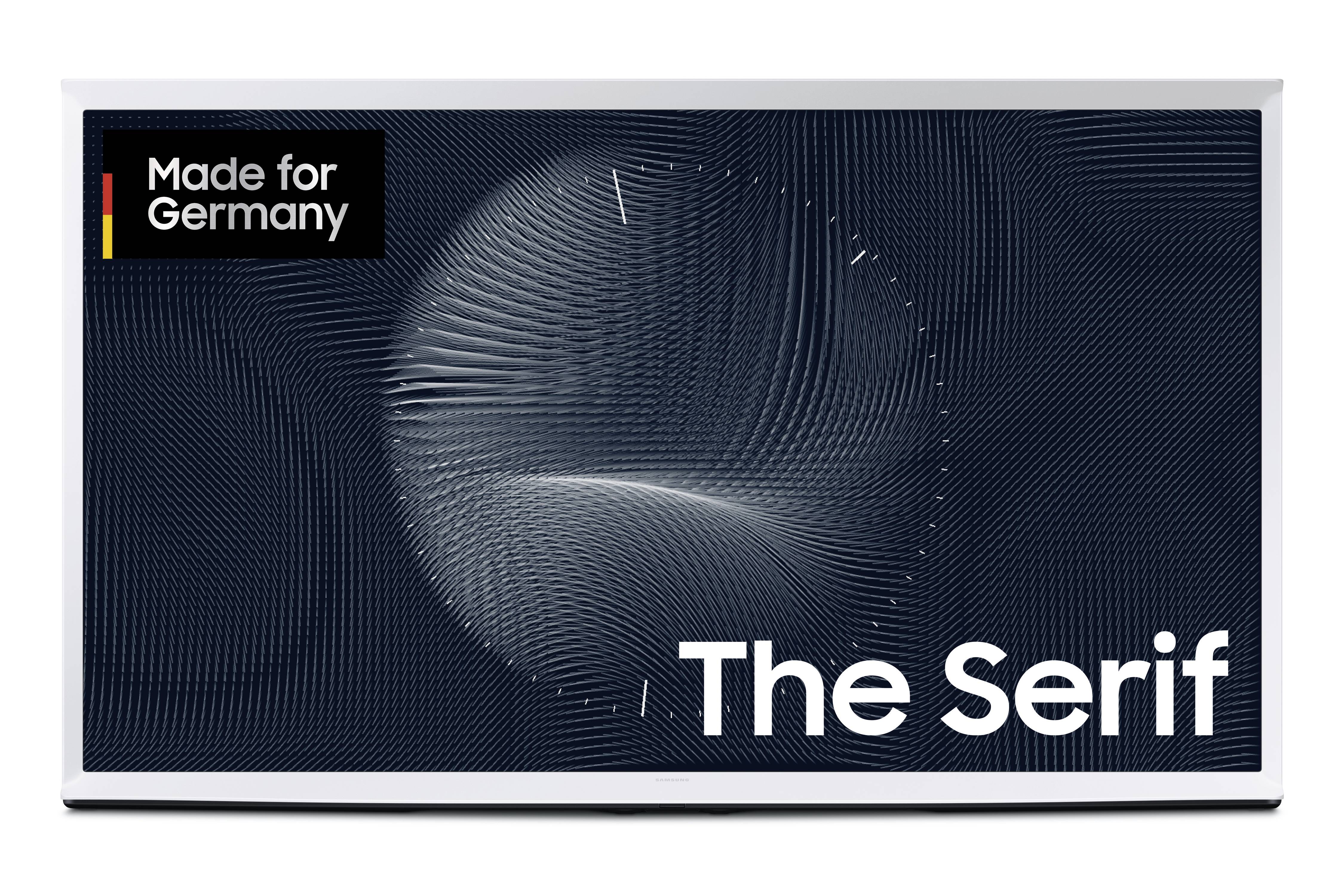 Ein Fernseher mit der Aufschrift 'The Serif' und 'Made for Germany' auf einem dunklen Hintergrund mit abstrahierten Linienmustern.