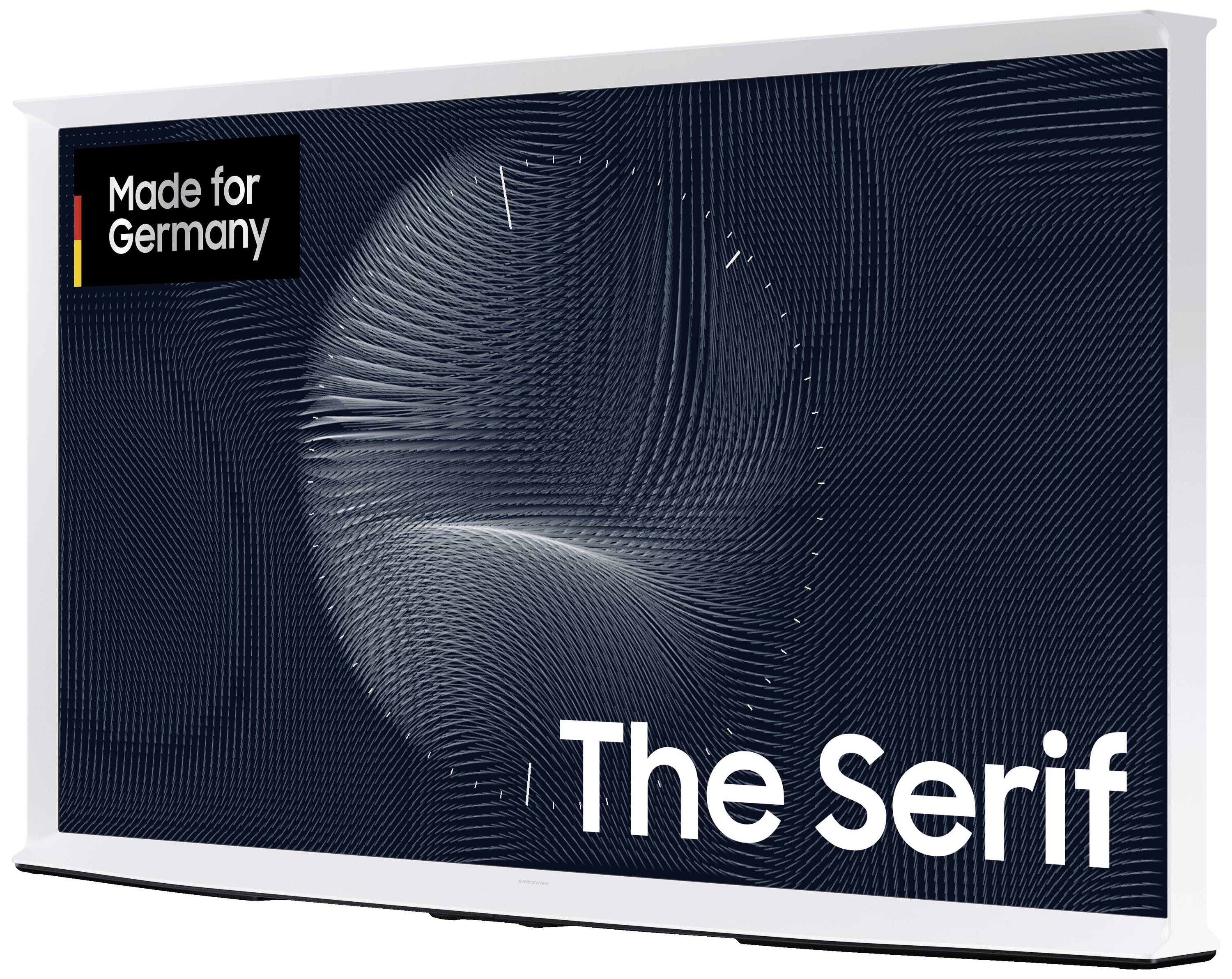 Ein Fernseher-Display mit dem Text 'Made for Germany' oben links und 'The Serif' unten rechts, modernes Design.