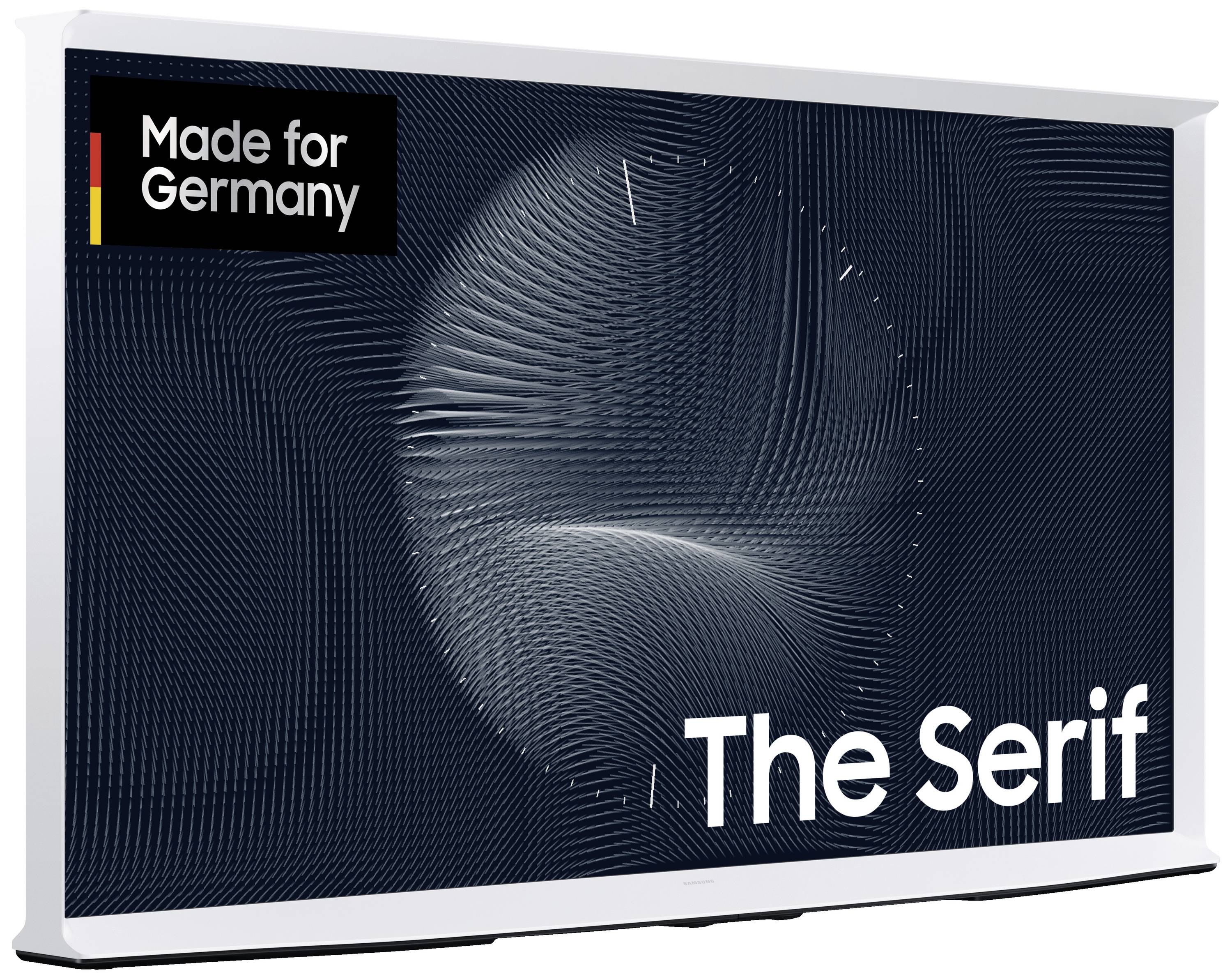 Ein Fernseher mit der Aufschrift 'The Serif' und 'Made for Germany' im oberen linken Eck. Das Design zeigt ein abstraktes Muster.