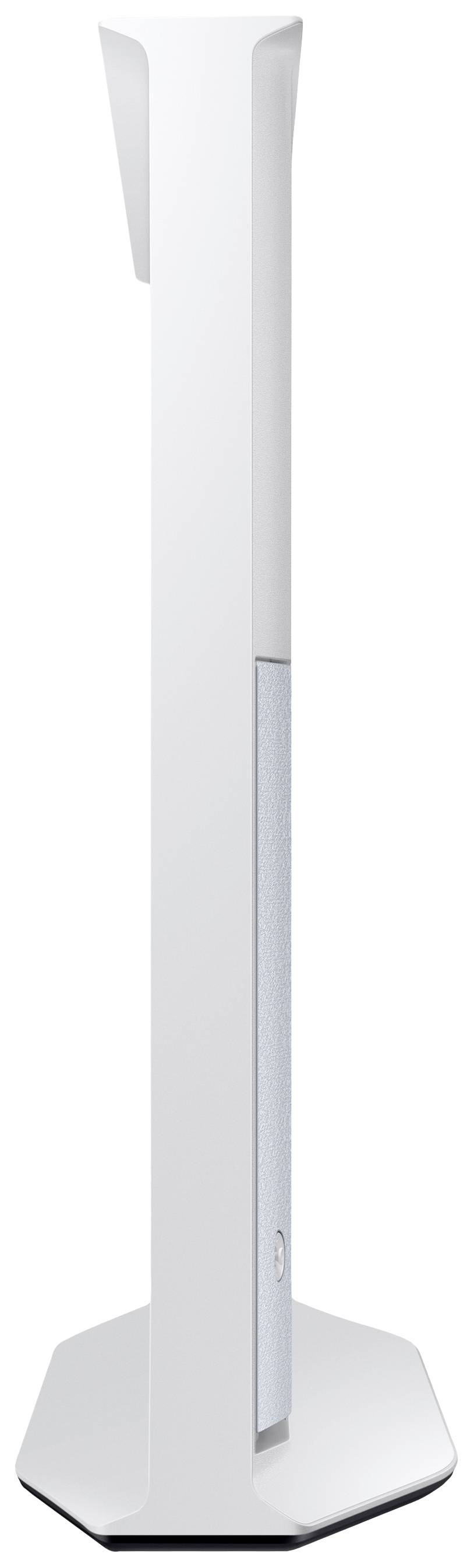 Ein schlanker, vertikaler weißer Lautsprecher mit grauem Stoffgitter, modernem Design und hexagonalem Standfuß, geeignet für stilvolle Wohnumgebungen.
