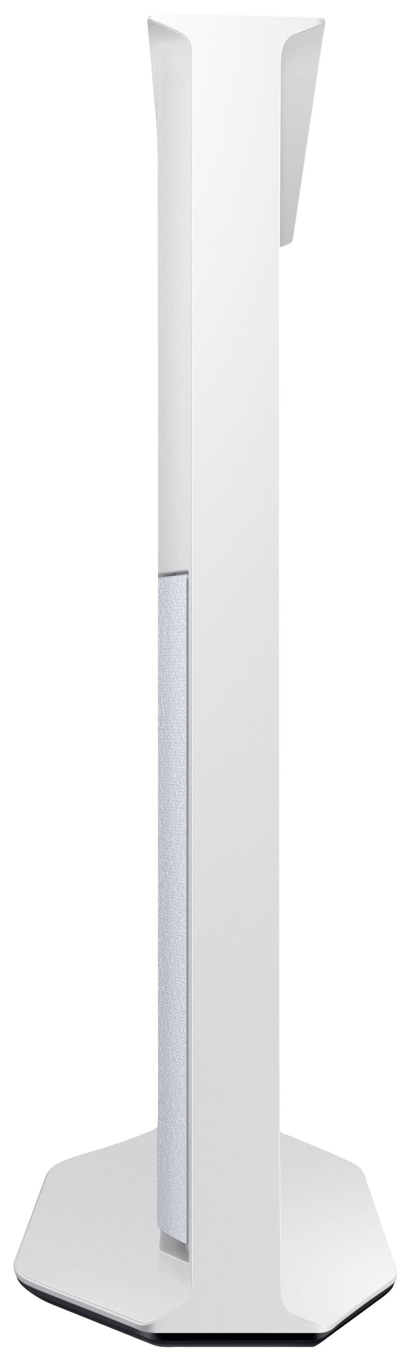 Ein weißer, schlanker Turmlautsprecher mit sechseckigem Sockel, seitlichem Lautsprechergitter und minimalistischem Design.