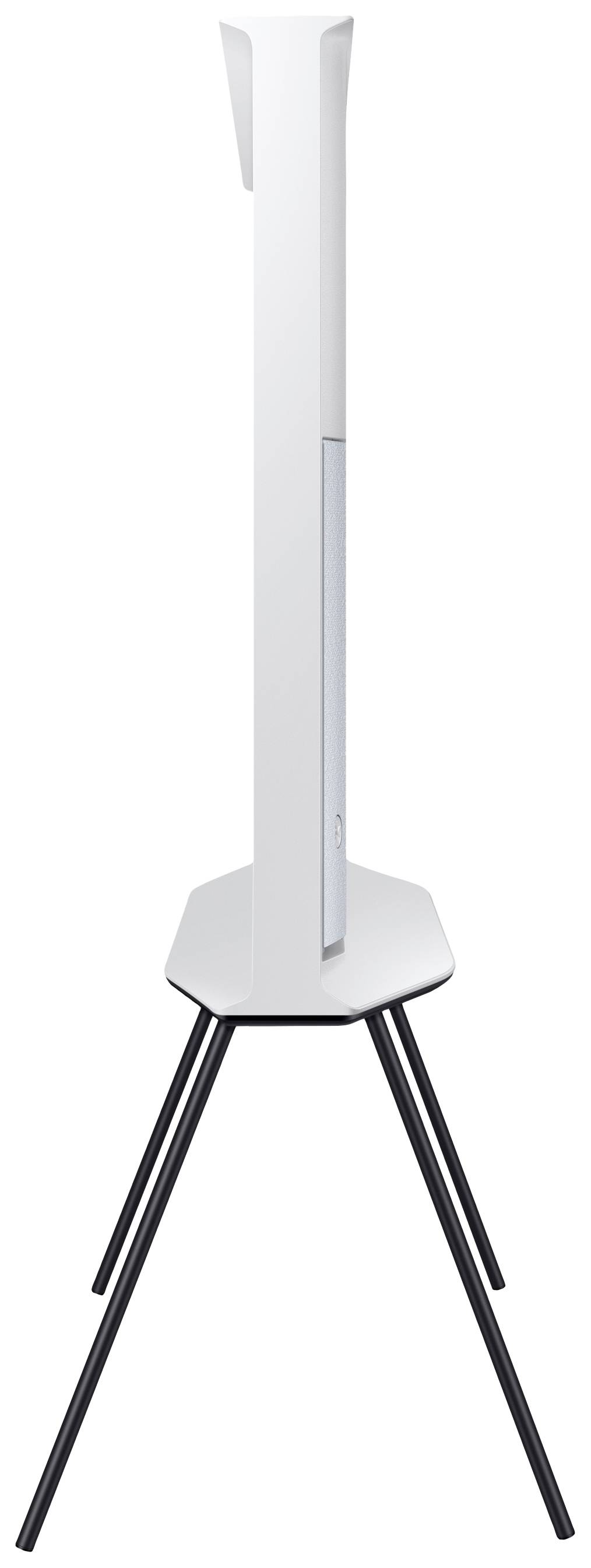 Seitliche Ansicht eines weißen, freistehenden Luftreinigers auf einem dreibeinigen Standfuß, mit schlankem, modernem Design.