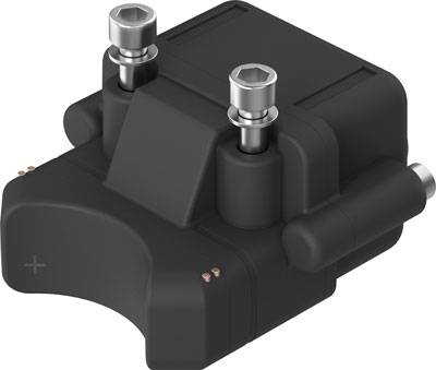 Schwarzes elektronisches Bauteil mit zwei Metallanschlüssen oben, wahrscheinlich eine Zündspule für Fahrzeuge.