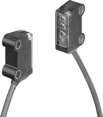 Zwei schwarze optische Sensoren mit Kabeln, die sich gegenüberstehen.