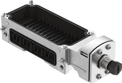 Ein silbernes elektrisches Bauteil in rechteckiger Form, mit abnehmbarer Abdeckung und mehreren Schraubverbindungen, vor weißem Hintergrund.