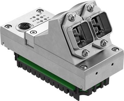 Ein silbernes elektronisches Modul mit zwei Steckverbindern und mehreren Schrauben, vermutlich für industrielle Anwendungen.