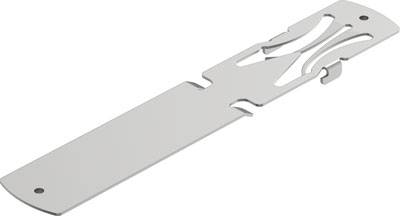 Ein silberner Metallflaschenöffner mit schlichtem, langem Design und einem runden Griff am Ende.