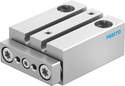 Zylindrische pneumatische Führungseinheit aus Metall mit zwei parallelen Schienen, auf der 'FESTO' steht, für präzise Bewegungen.