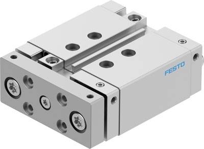 Festo-Pneumatikzylinder in rechteckiger Form mit mehreren Befestigungspunkten und silberner Oberfläche.