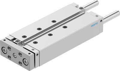 Pneumatische Lineareinheit mit zwei Einzelstangen und seitlichen Montagebohrungen. Markenlogo auf der Einheit sichtbar.